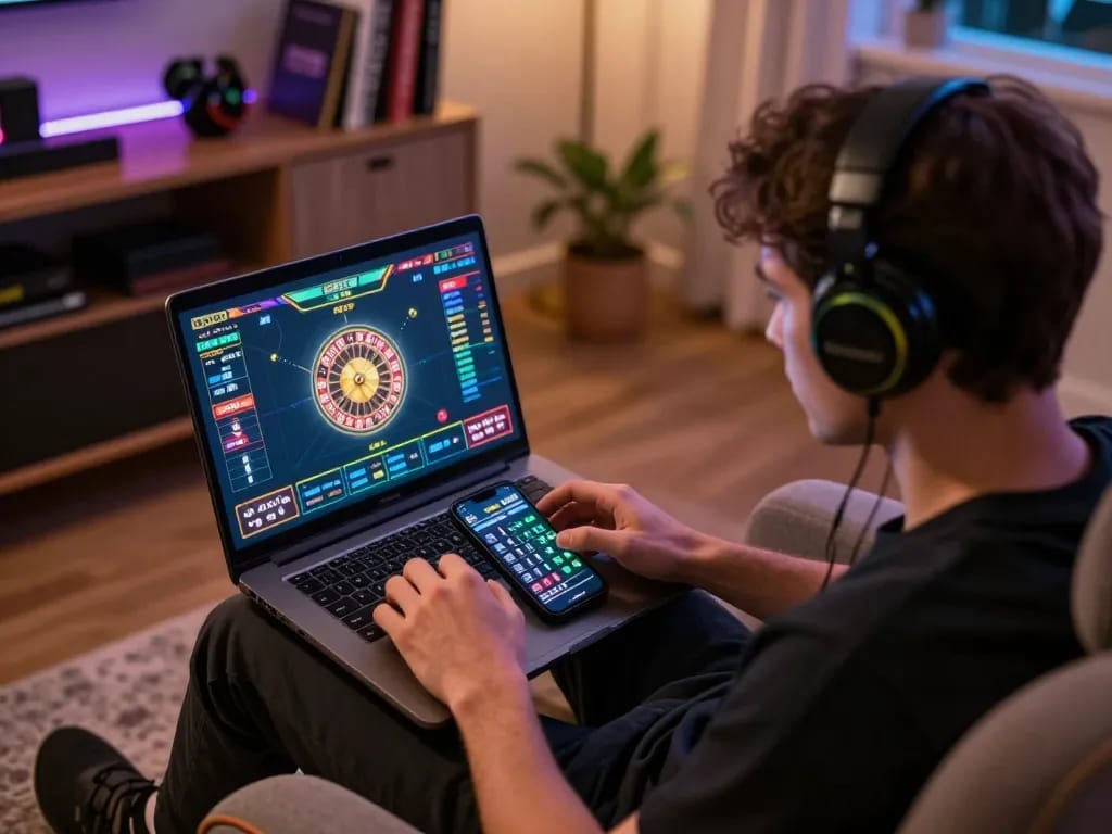 A player engaged in online roulette at https://play-hbet.com/ using a laptop and smartphone, illustrating modern gaming strategy.