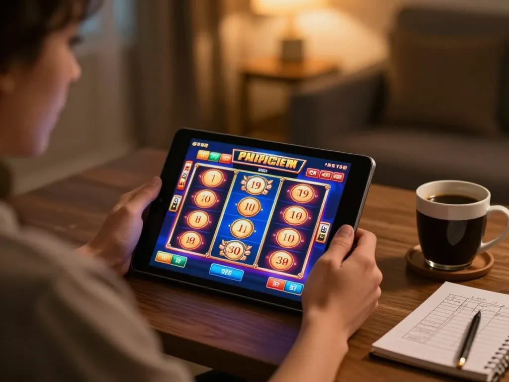 GO8 player enjoying engaging online slot machine game on tablet in cozy home setting
