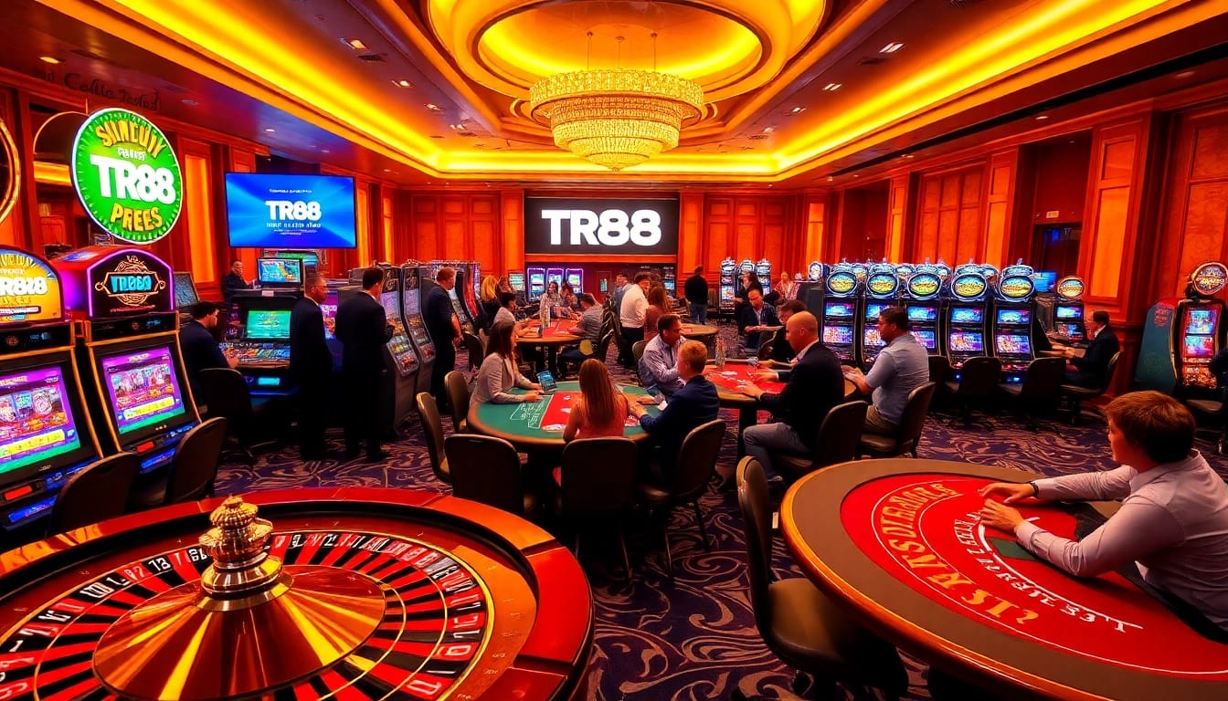 Players enjoy thrilling gambling experiences at TR88 casino, featuring luxurious game tables and vibrant slot machines.