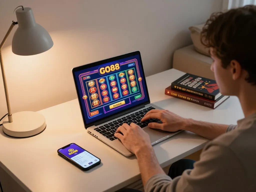 Engaging in online gaming with GO88 on a laptop, highlighting strategic gameplay and exciting visuals