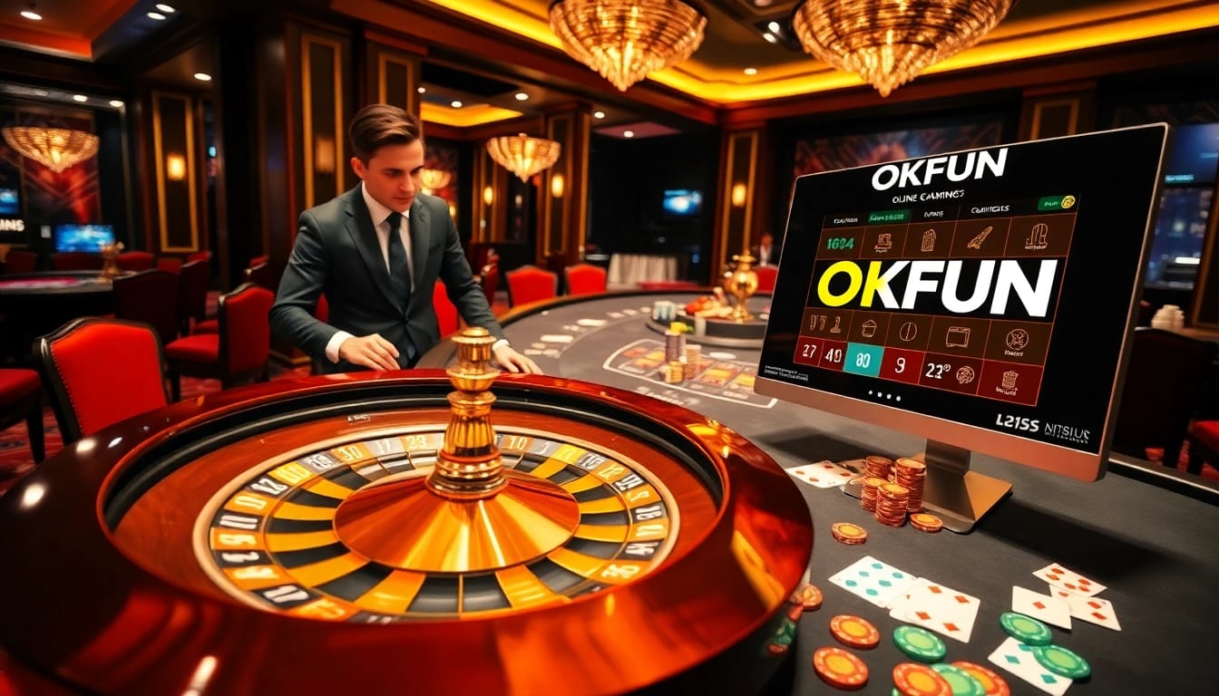 Experience thrilling gaming with OKFUN at an elegant casino table filled with chips and cards.