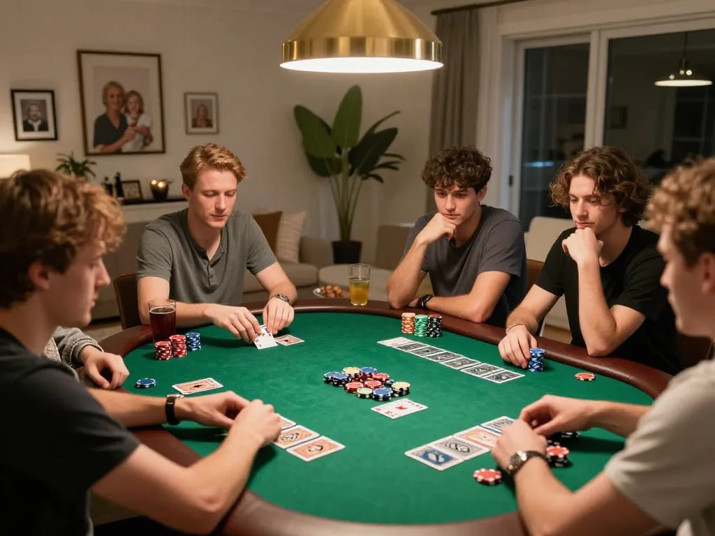 Players enjoying a strategic poker game at home, chips and cards laid out, https://s8inc.com/ showcasing engaging entertainment