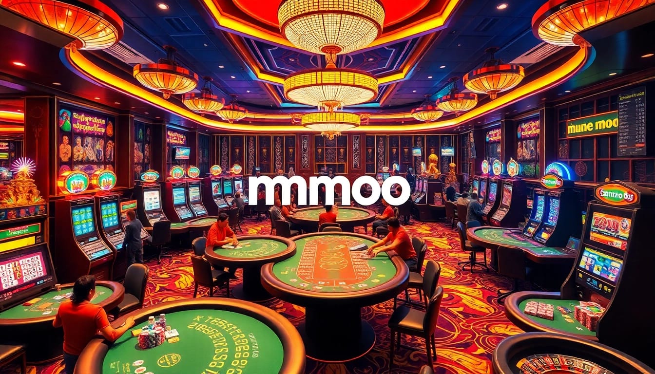 Players experiencing thrilling moments at MMOO casino with vibrant slot machines and poker games.