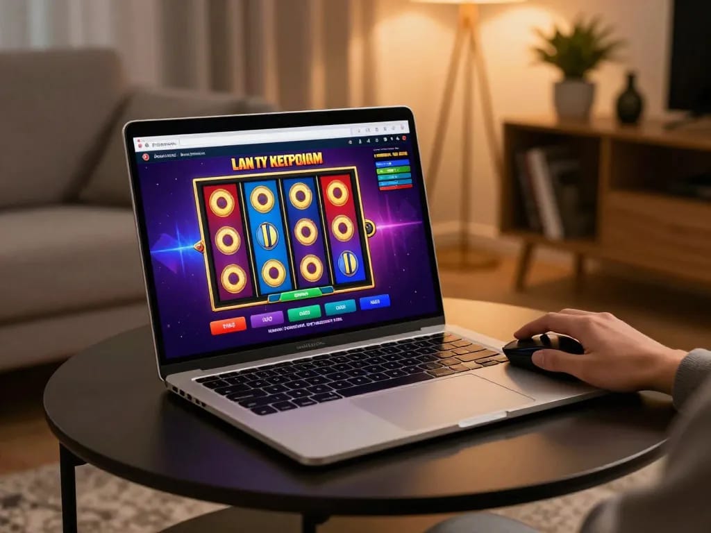 78win player enjoying a vibrant online slot game in a cozy home setting
