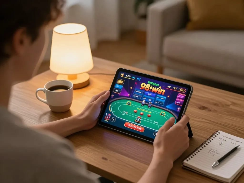 Engaging gameplay at 98win on tablet, showcasing dynamic poker action in a cozy home.
