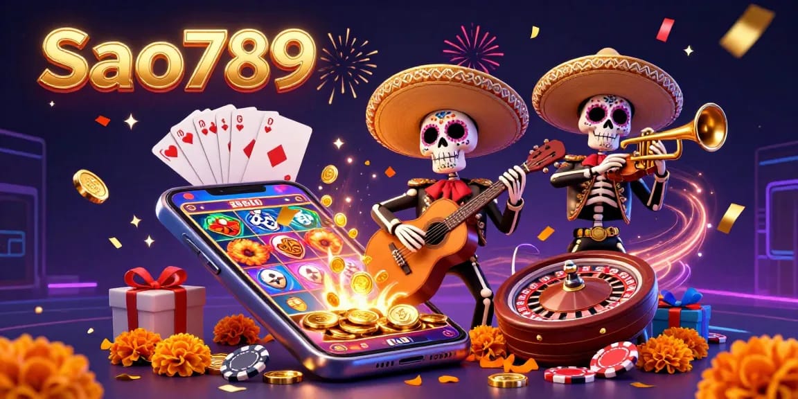 Engage in thrilling experiences at Sao789 with colorful 3D illustration of mariachi band and casino games.