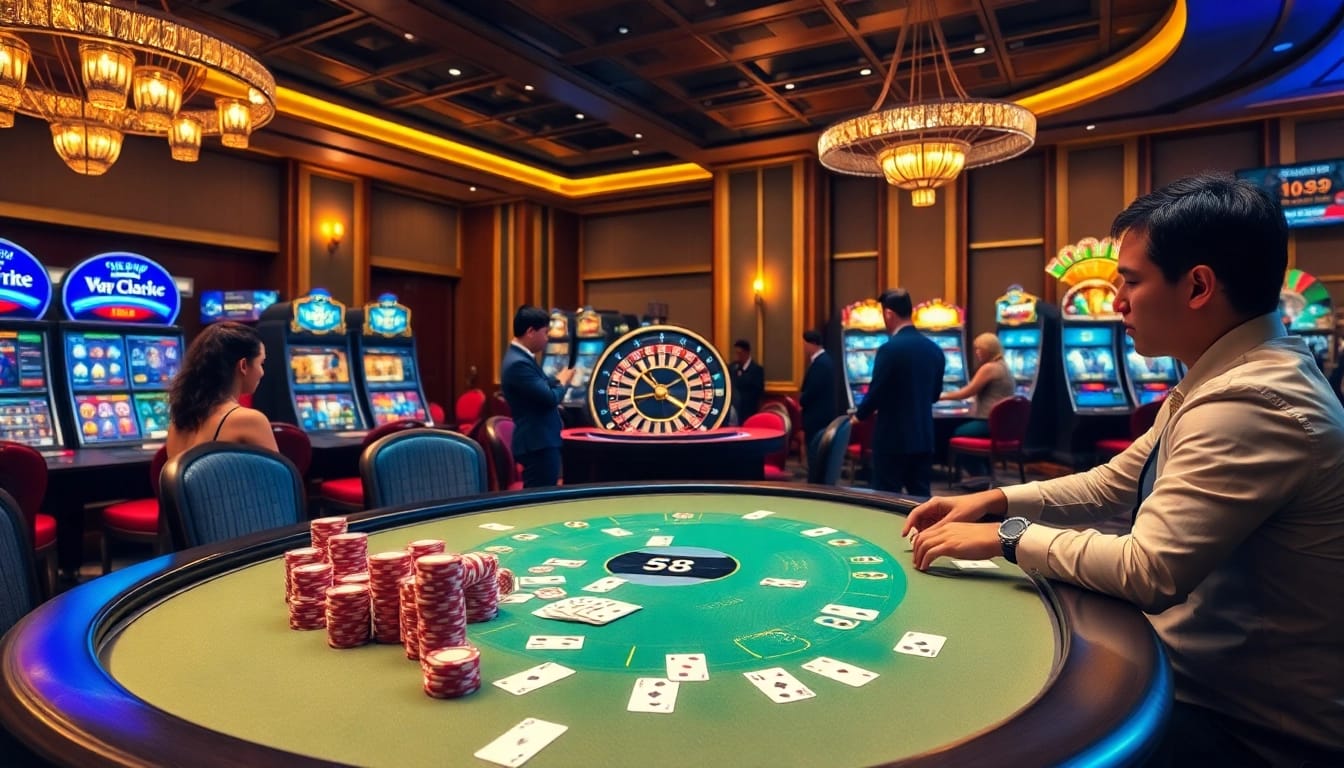 Action-packed pg 88 casino scene with poker gameplay and vibrant slot machines.