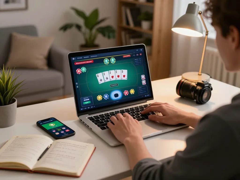 Engaging in online poker at home using Okfun for strategic gameplay with visible cards and chips.