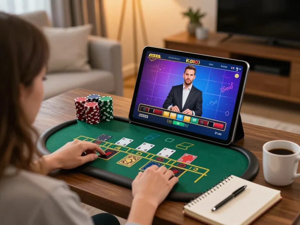 F168 player enjoying live dealer blackjack game on tablet in a cozy home setting