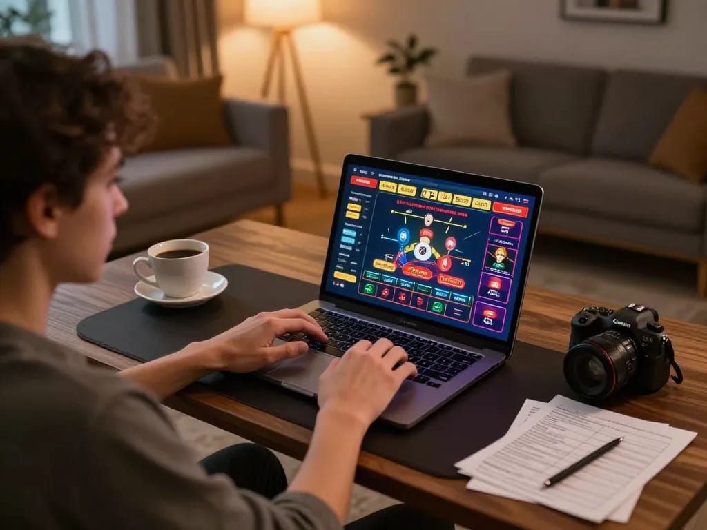 Player enjoying online gaming at home with lc88 on laptop in cozy environment.