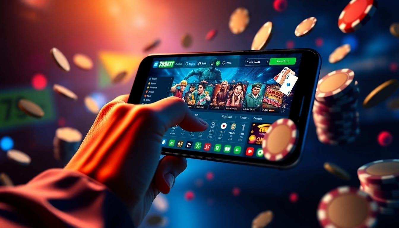 Interactive smartphone app for online gambling with 789bet, showcasing poker, slots, and betting.