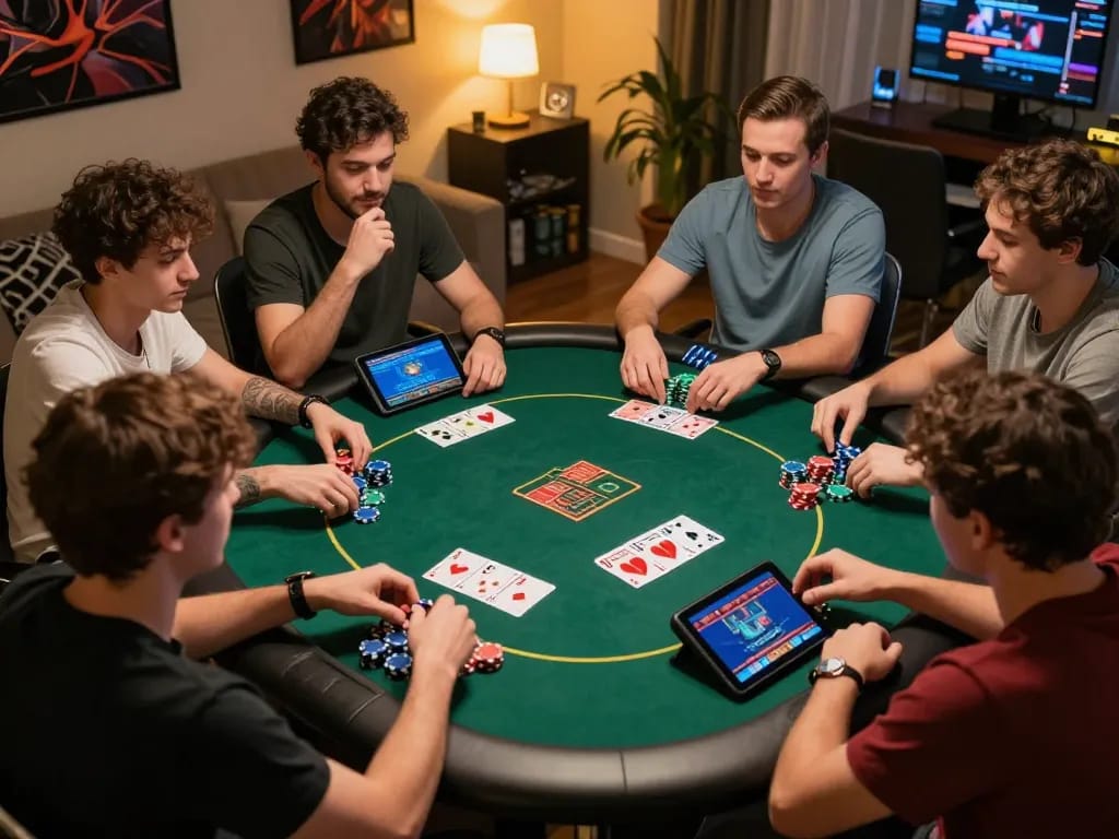 G28 poker night scene with friends engaging in a lively online game, showcasing colorful chips and cards during a home gathering.