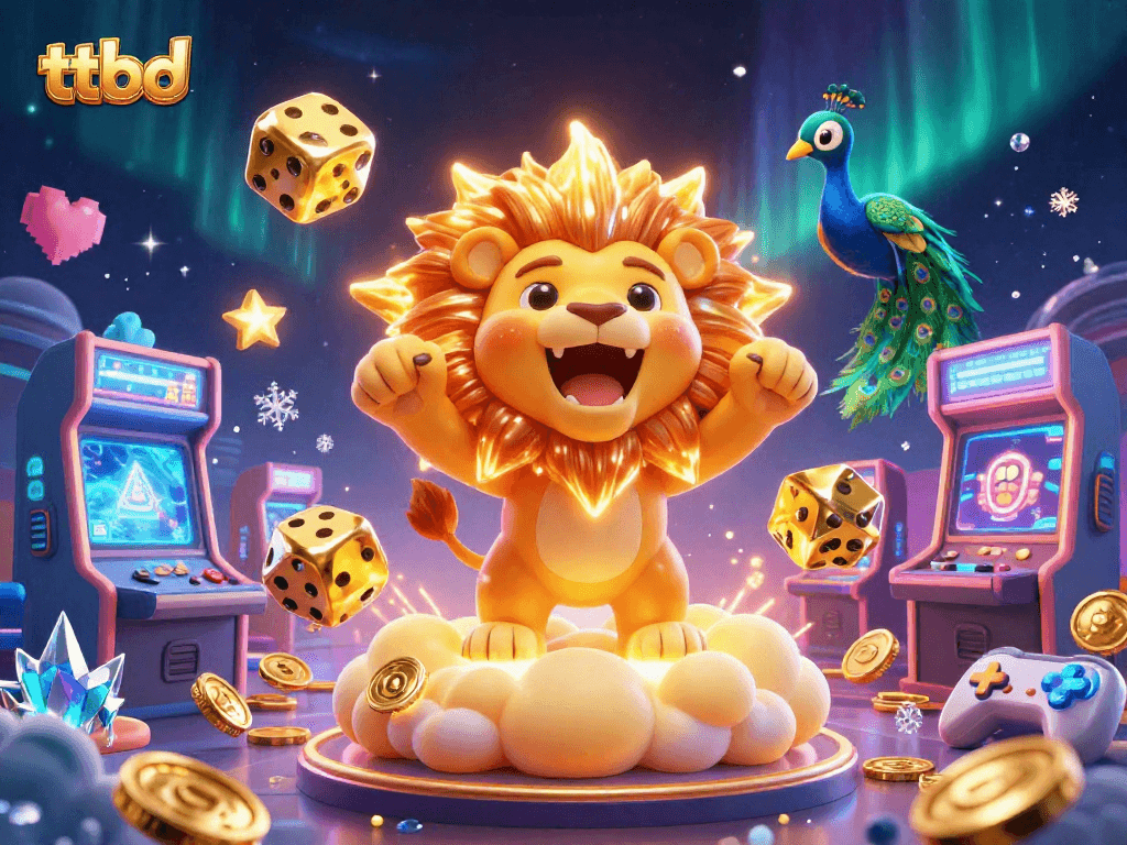 Experience exhilarating gaming moments with ttbd featuring a 3D sun lion roaring amidst golden dice and vibrant arcade elements.