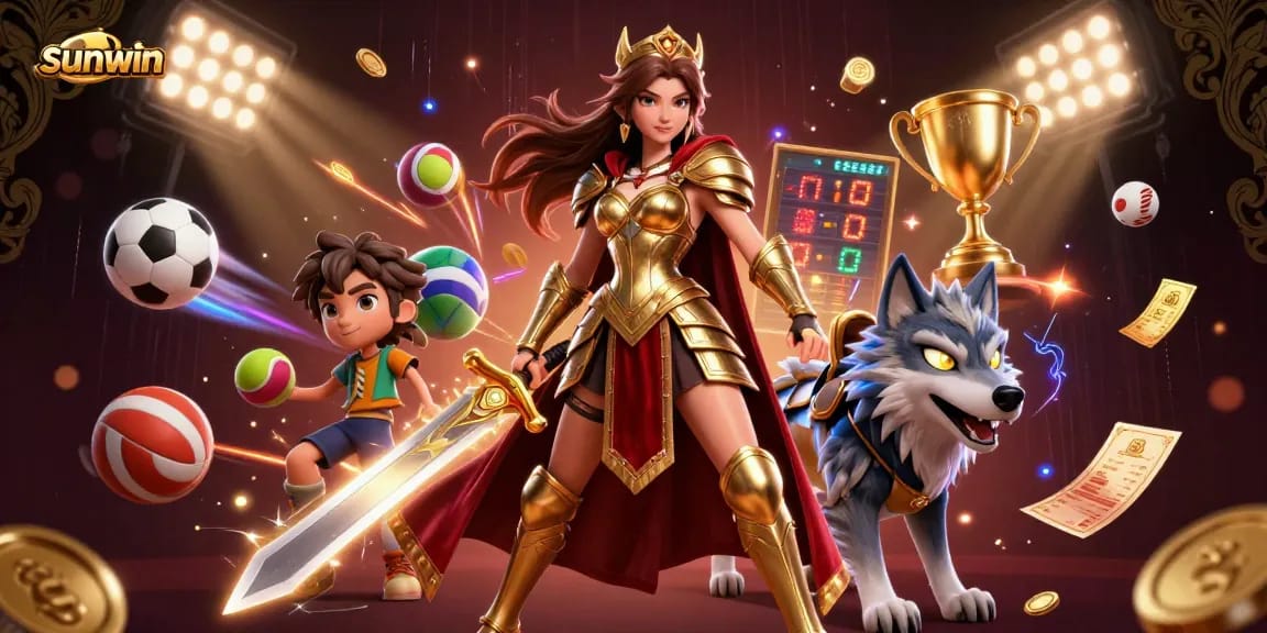 Experience thrilling wins at Sunwin with an energetic 3D casino scene featuring a warrior queen.