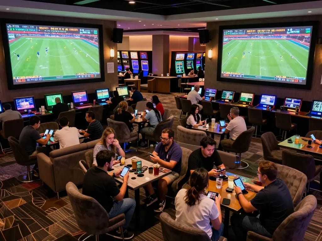 Bongdalu users actively placing bets in an upscale sports betting lounge with vibrant screens.