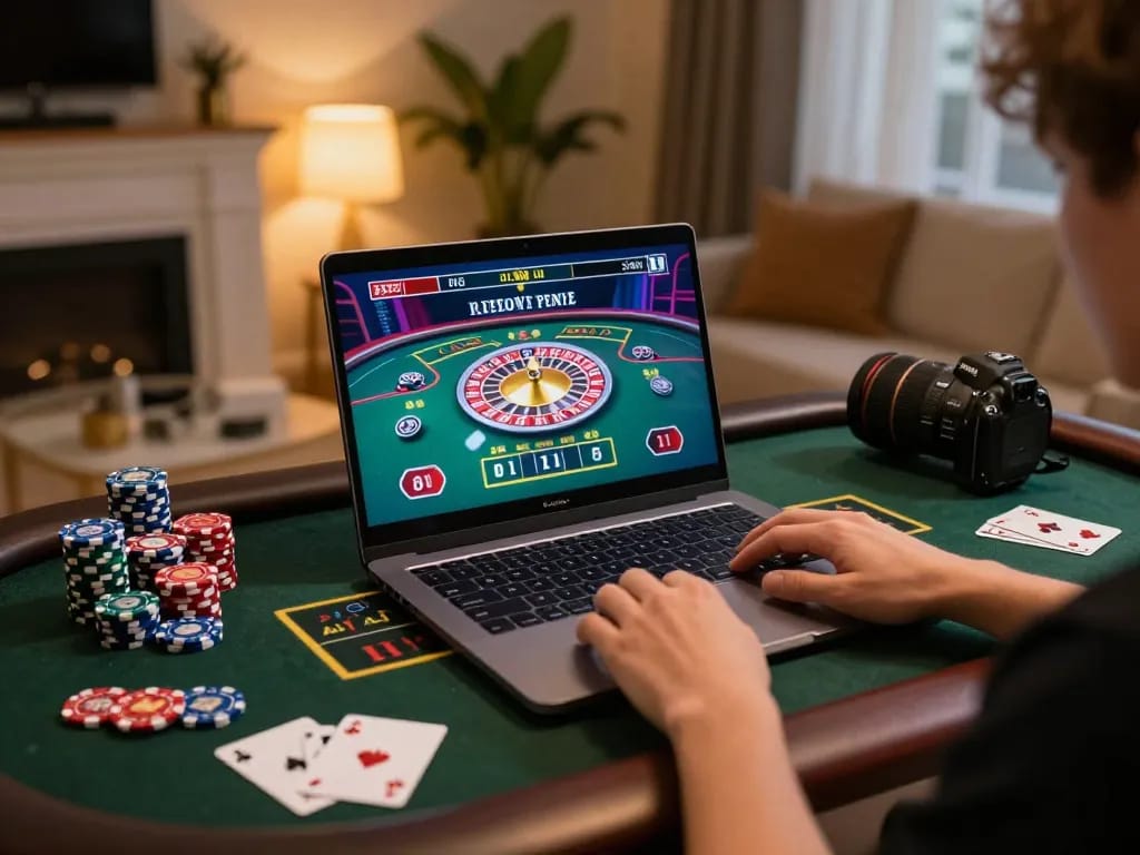 Player engaging with TG88's online casino app on a laptop, showcasing live dealer roulette action.