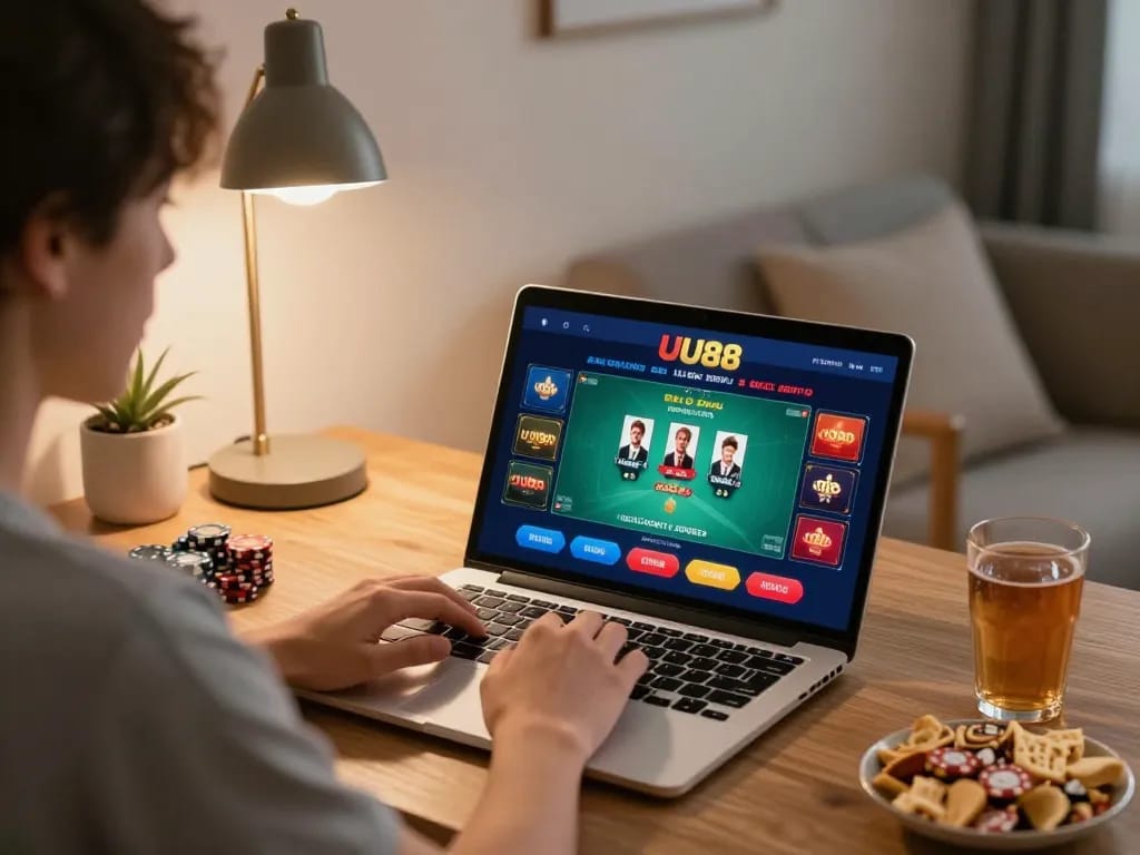 Engaged player navigating UU88 online casino with a laptop, showcasing strategic gameplay in a cozy setting.