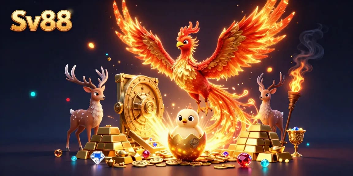 Experience thrilling gaming action at Sv88 as the fiery phoenix soars amidst riches and rewards.