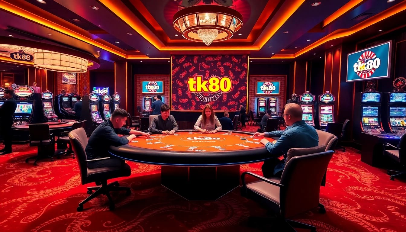 Players enjoying poker at a casino table with tk88 branding, showcasing excitement and luxury.