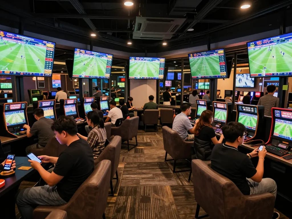 Fans engaged in keonhacai sports betting experience, cheering while watching live matches.