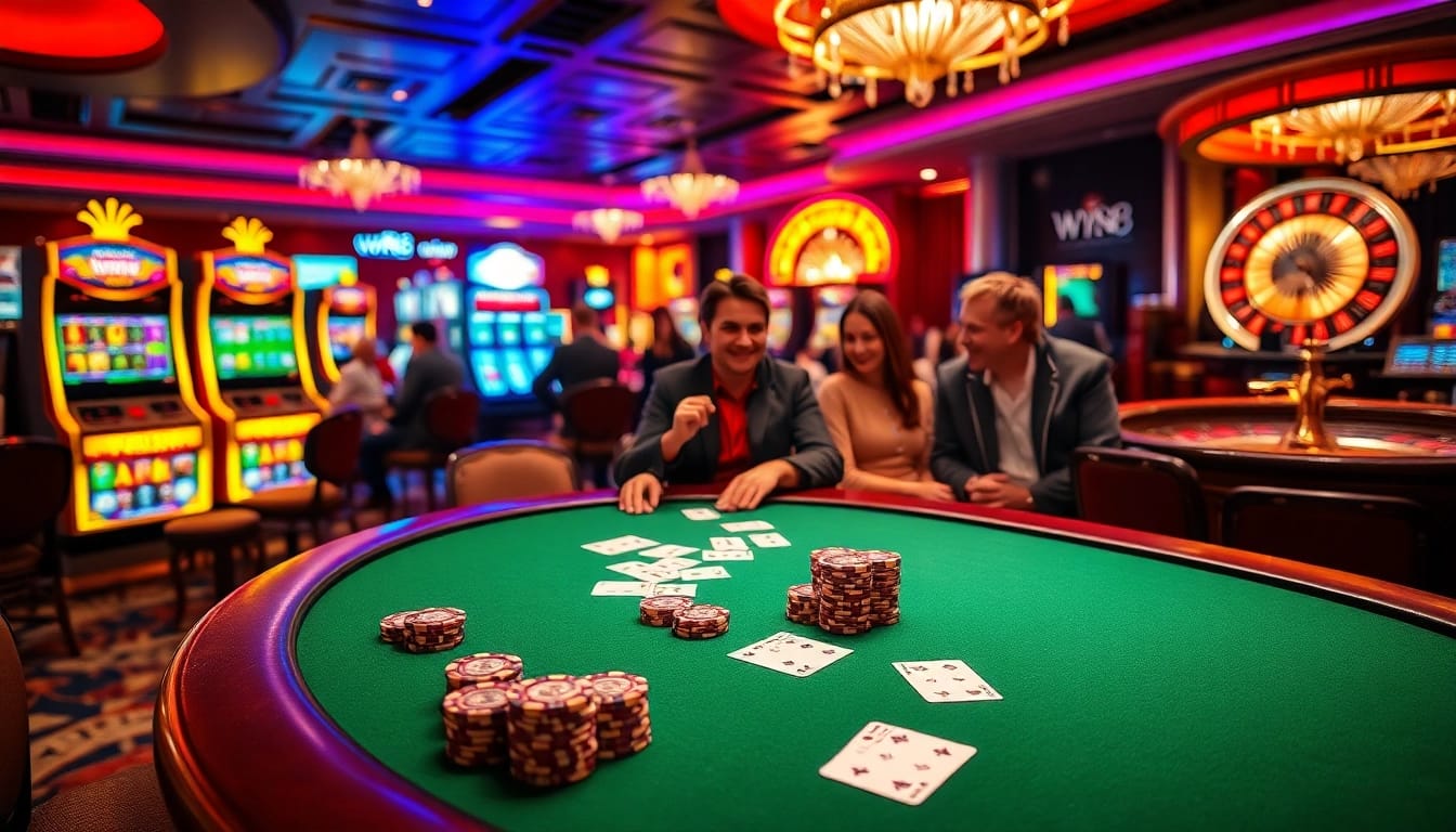 Gambling excitement at https://ww88.review/ featuring vibrant poker tables and illuminated slot machines.