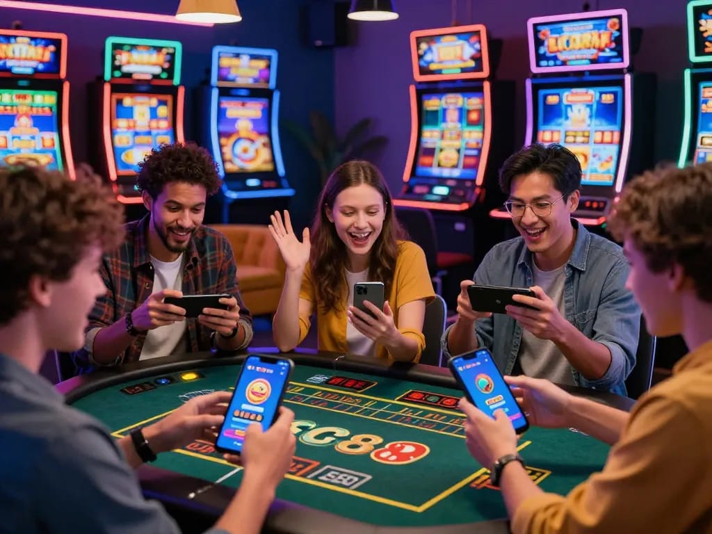 Friends enjoying virtual games on SC88 mobile app in a vibrant digital casino setting, highlighting thrilling online gaming.