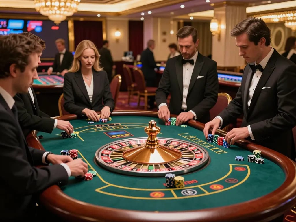 KAYA88 roulette gameplay with players strategically placing bets in an upscale casino atmosphere.