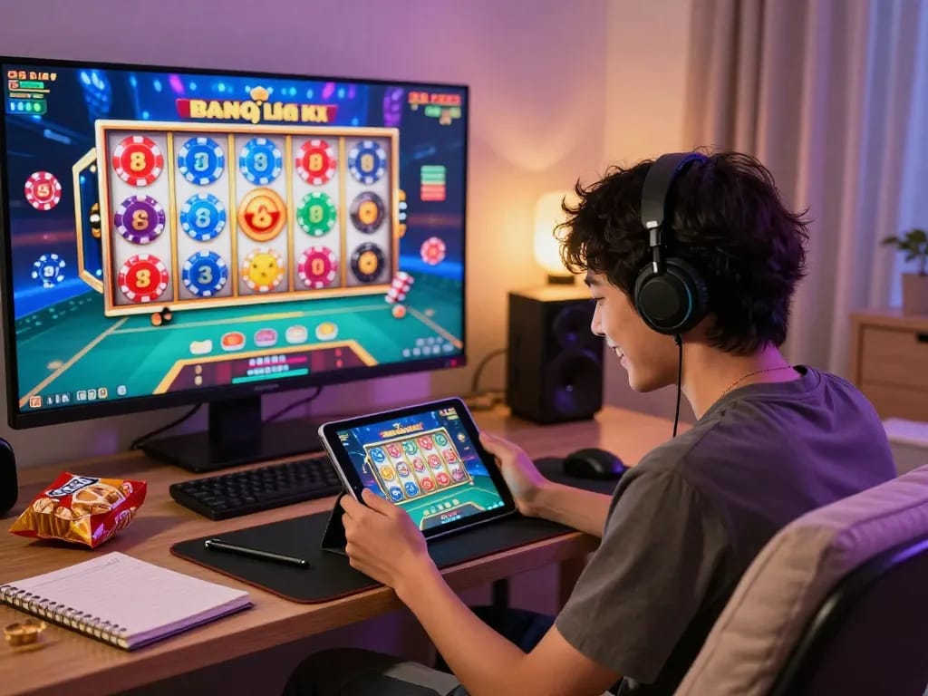 Engaging in game bài đổi thưởng on a tablet while enjoying cozy home entertainment.