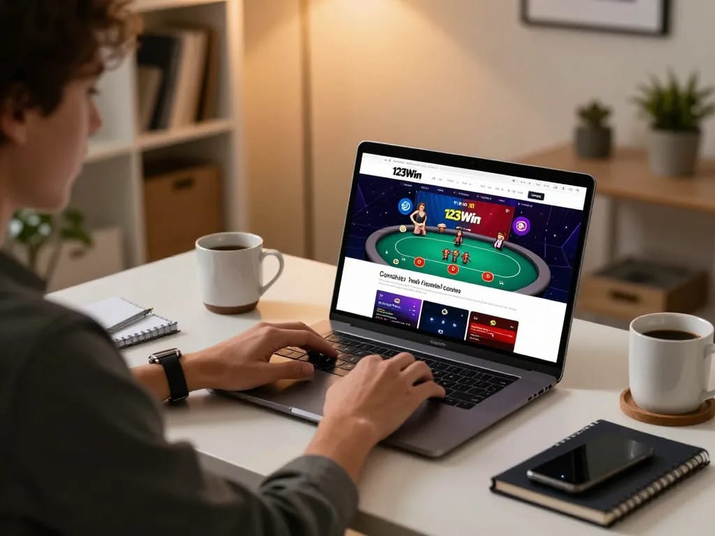 Engaged player exploring poker games on 123Win website during cozy home gaming session.