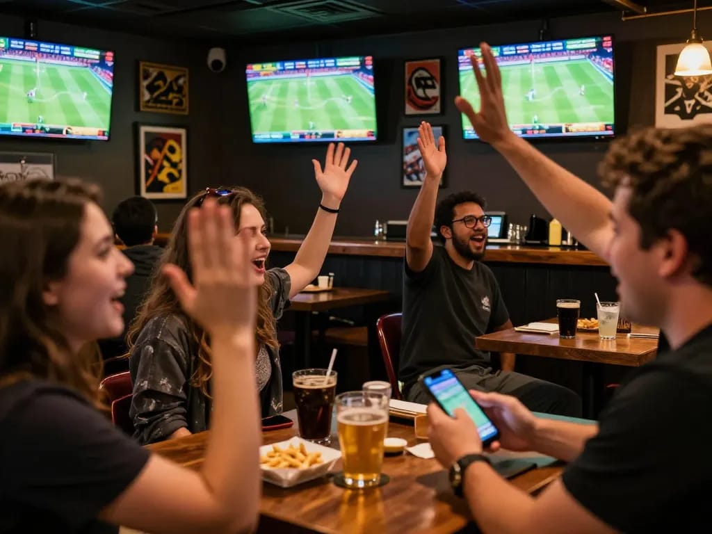 Patrons engaging in live sports betting excitement with 789WIN displayed on smartphones in a vibrant social setting.