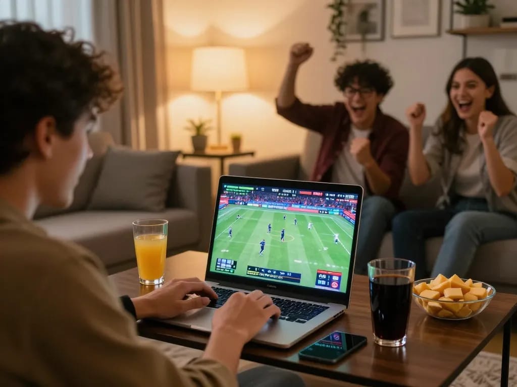 Engaging with sunwin sports betting scene using laptop in a lively home setting