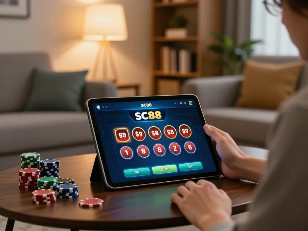 Engaging with SC88 app for online casino, showcasing chips in modern living room.