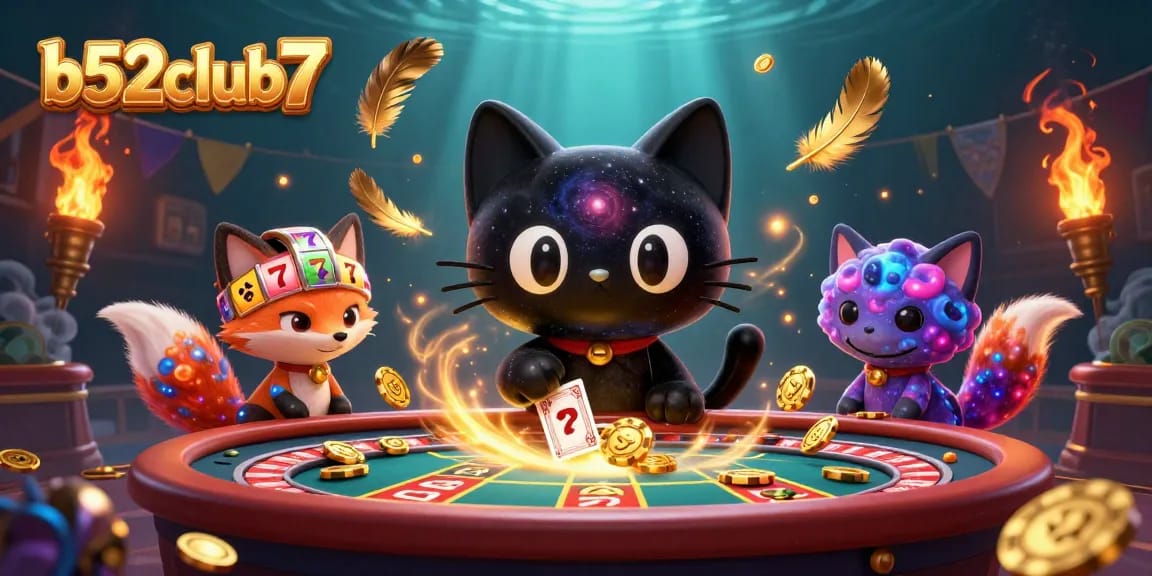 Engage in thrilling casino action with b52club7's vibrant gaming scene featuring a cosmic black hole cat and energetic nebula fox.