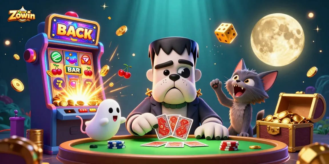 Experience the Zowin thrill with unique gaming characters at a vibrant casino table.