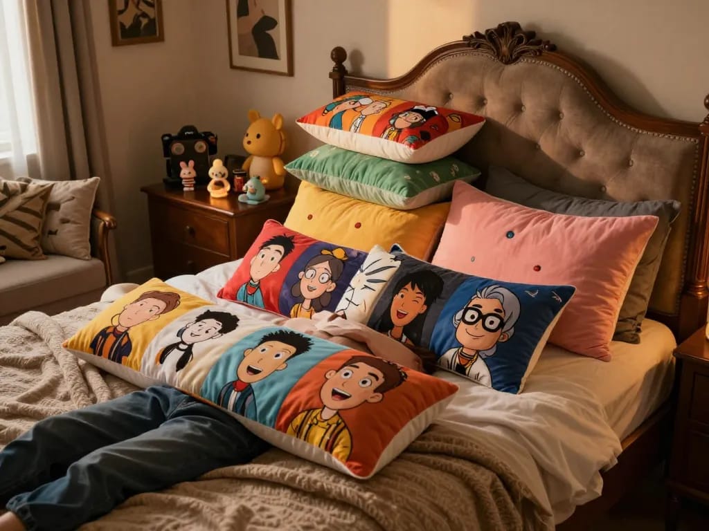 Colorful custom body pillow cases displayed in a cozy bedroom setting, showcasing vibrant designs and personal expression.