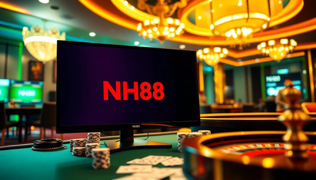 Experience the excitement of NH88 with vibrant casino tables, poker chips, and a sleek online interface.