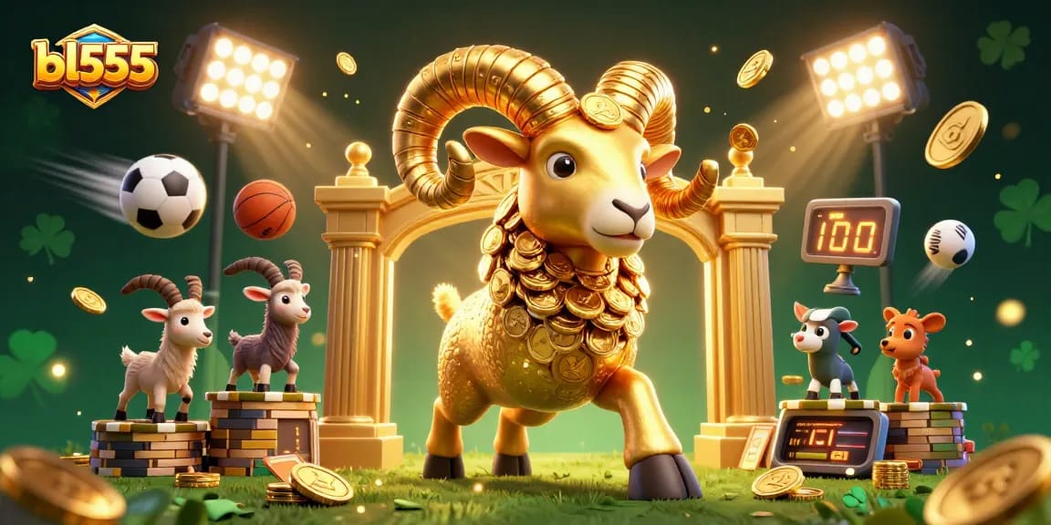 Experience wins and excitement at bl555, featuring a golden ram and dynamic sports elements in an electrifying 3D scene.