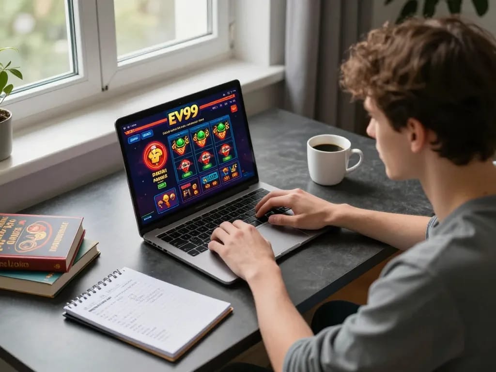 Engaging with EV99 online casino on a laptop, showcasing strategy and responsible gaming.