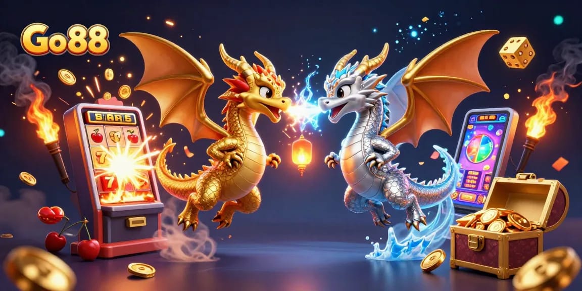 Experience the thrill of Go 88 with dynamic dragons battling amidst a jackpot explosion in a vibrant casino fantasy.