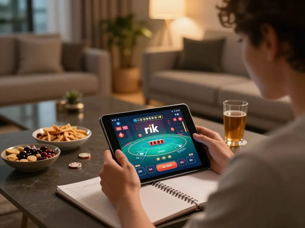 Player excitedly strategizing while using the rik vip casino app in a stylish living room.