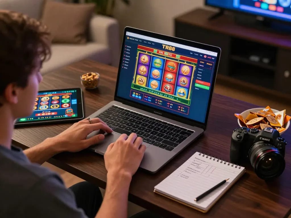 Engage with TR88 online casino from home, experiencing fun gaming on laptop.