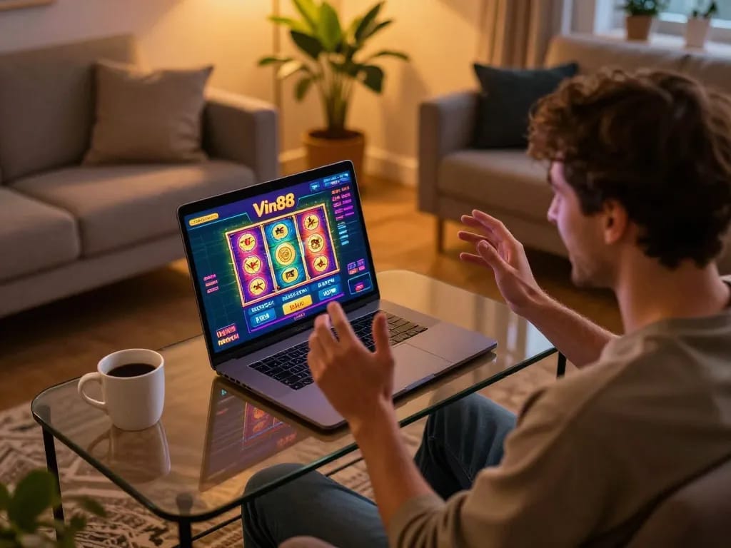 Player celebrating a win on Vin88's online gaming platform in a cozy home setup.