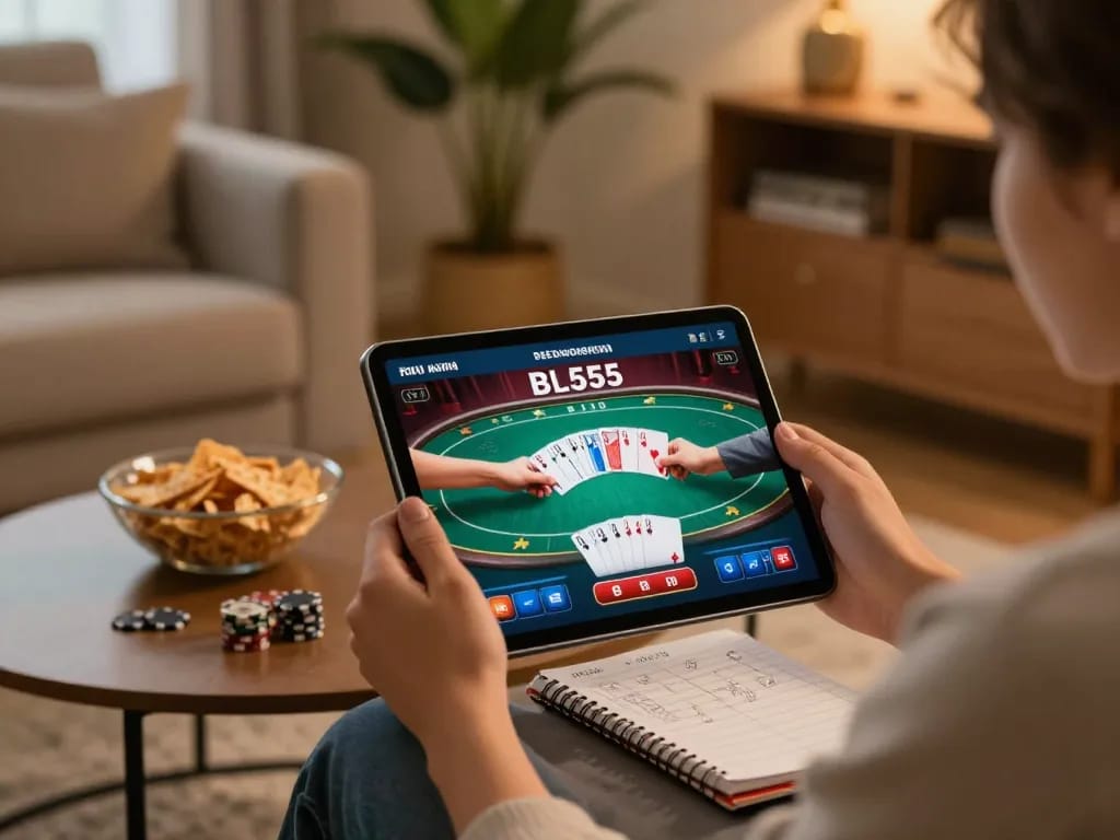 Engaging player using the BL555 casino app for online poker in a cozy home setting