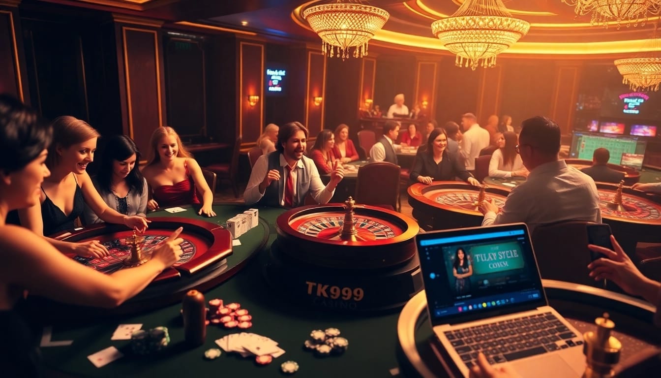 Excited players enjoying the thrilling games at TK999 Casino, showcasing luxury and professionalism.