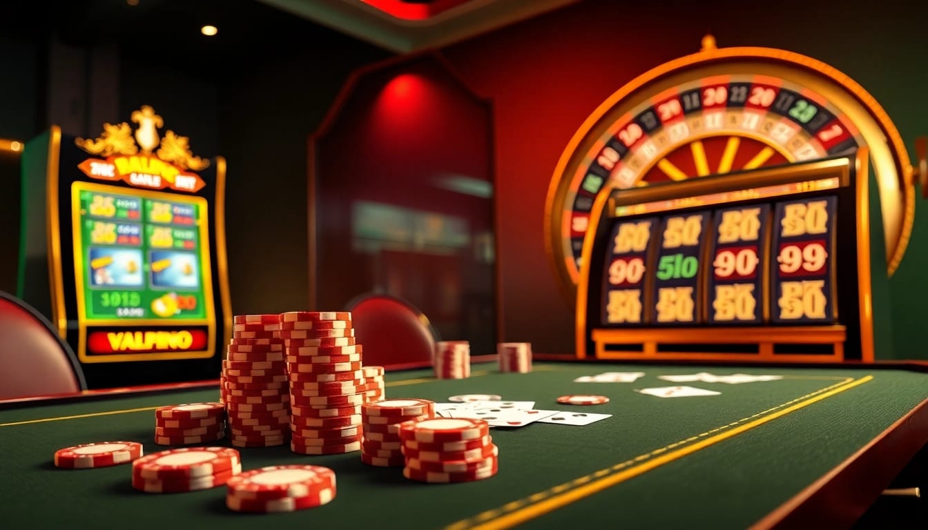 Experience high-stakes gaming at 789bet with vibrant poker chips and roulette wheels in a luxurious casino setting.