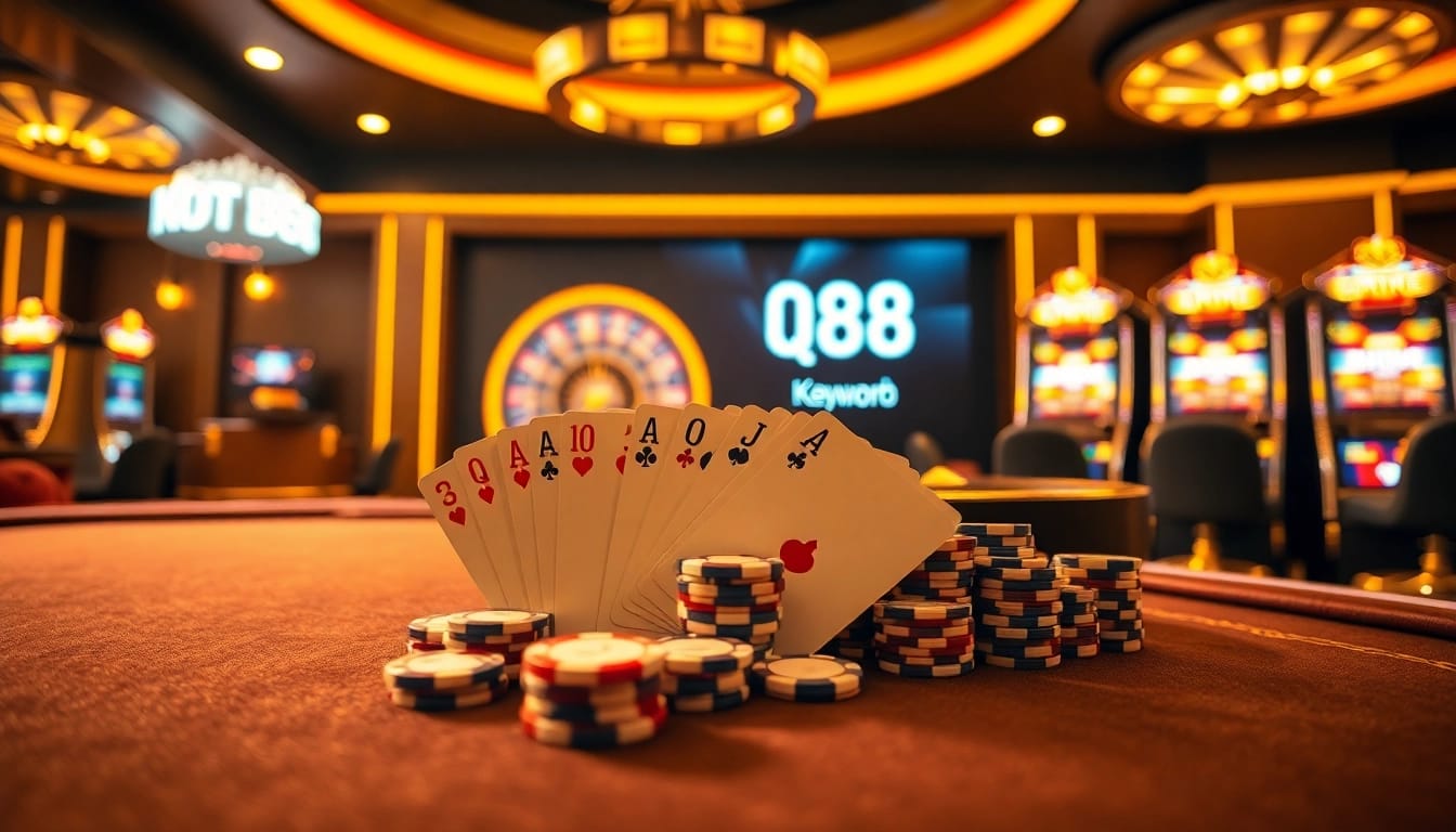 Players engage with QQ88 in a luxurious casino setting, featuring vibrant tables and slot machines.
