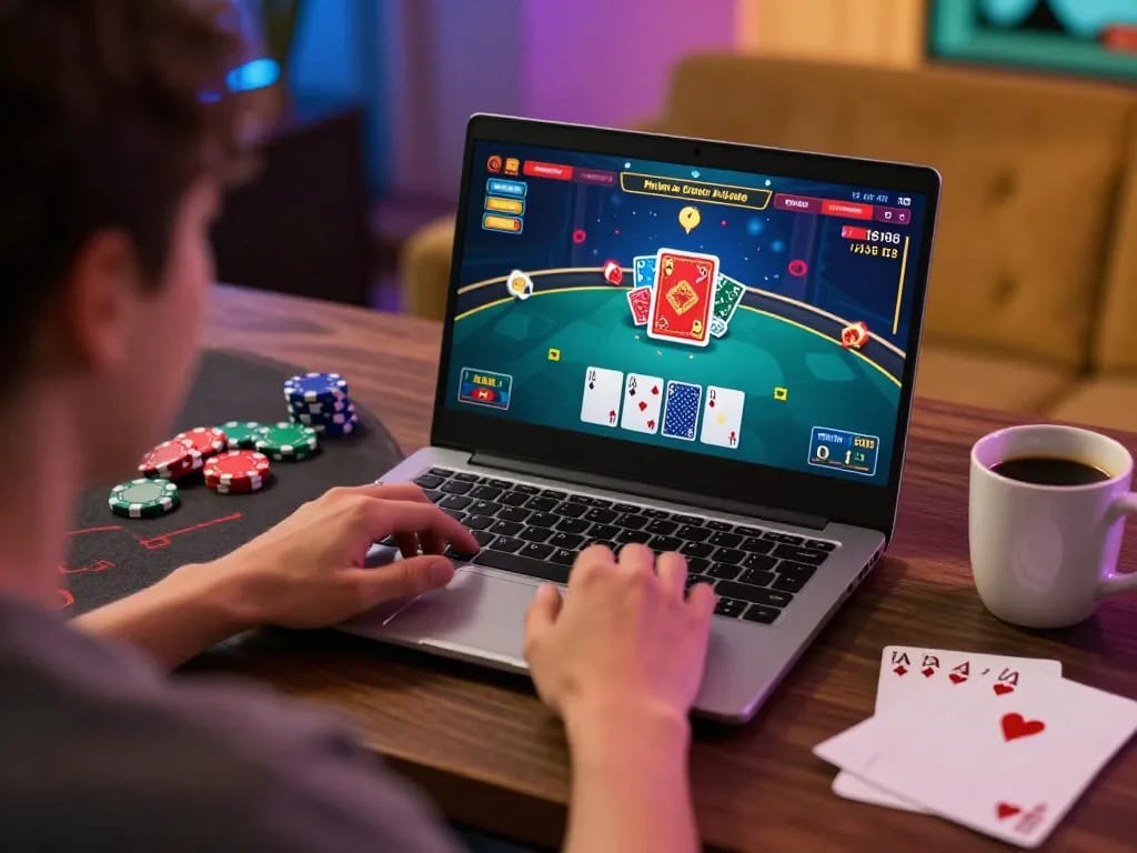 Player enjoying blackjack on FLY88, showcasing exciting online gaming moments at home