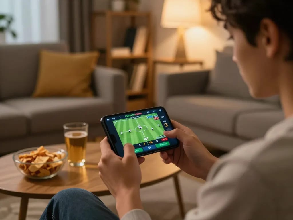 Bet168 user placing sports bets on a smartphone, enjoying a cozy home gaming atmosphere with ambient lighting.