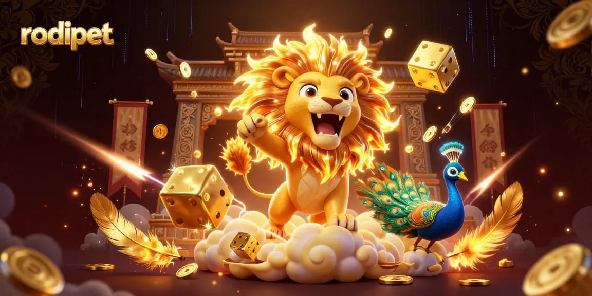 Experience the thrill of rodipet gaming with golden dice and cartoon characters in a vibrant casino setting.
