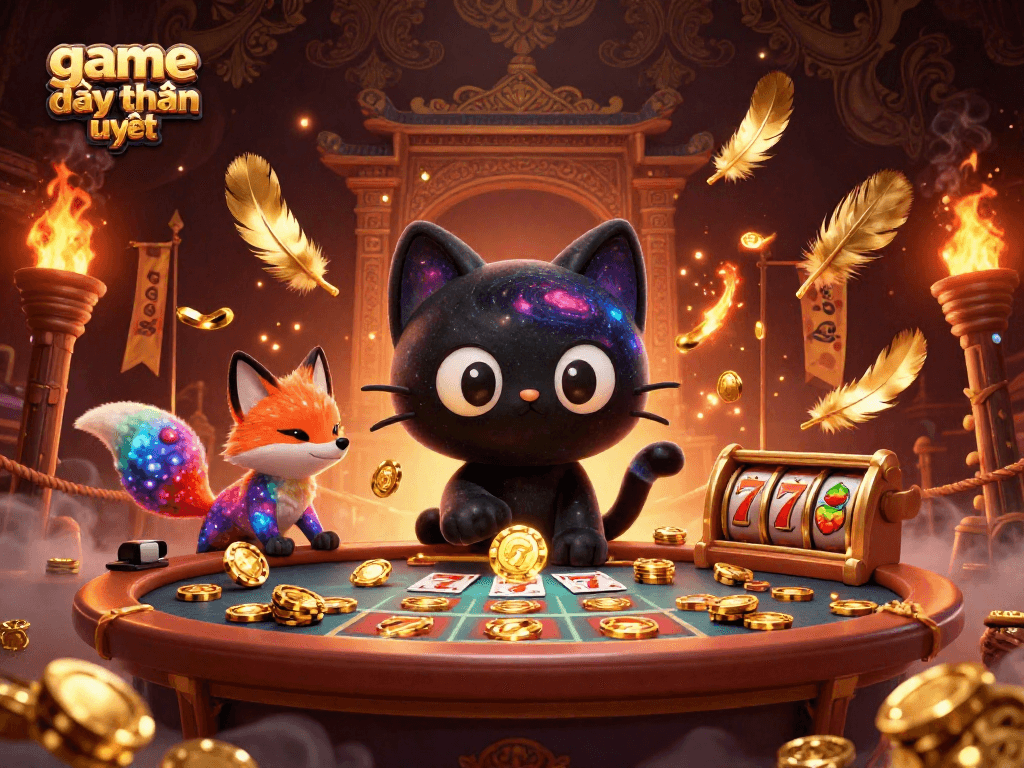Experience the thrilling world of game đổi thưởng uy tín with a cosmic 3D casino illustration featuring a captivating black hole cat.